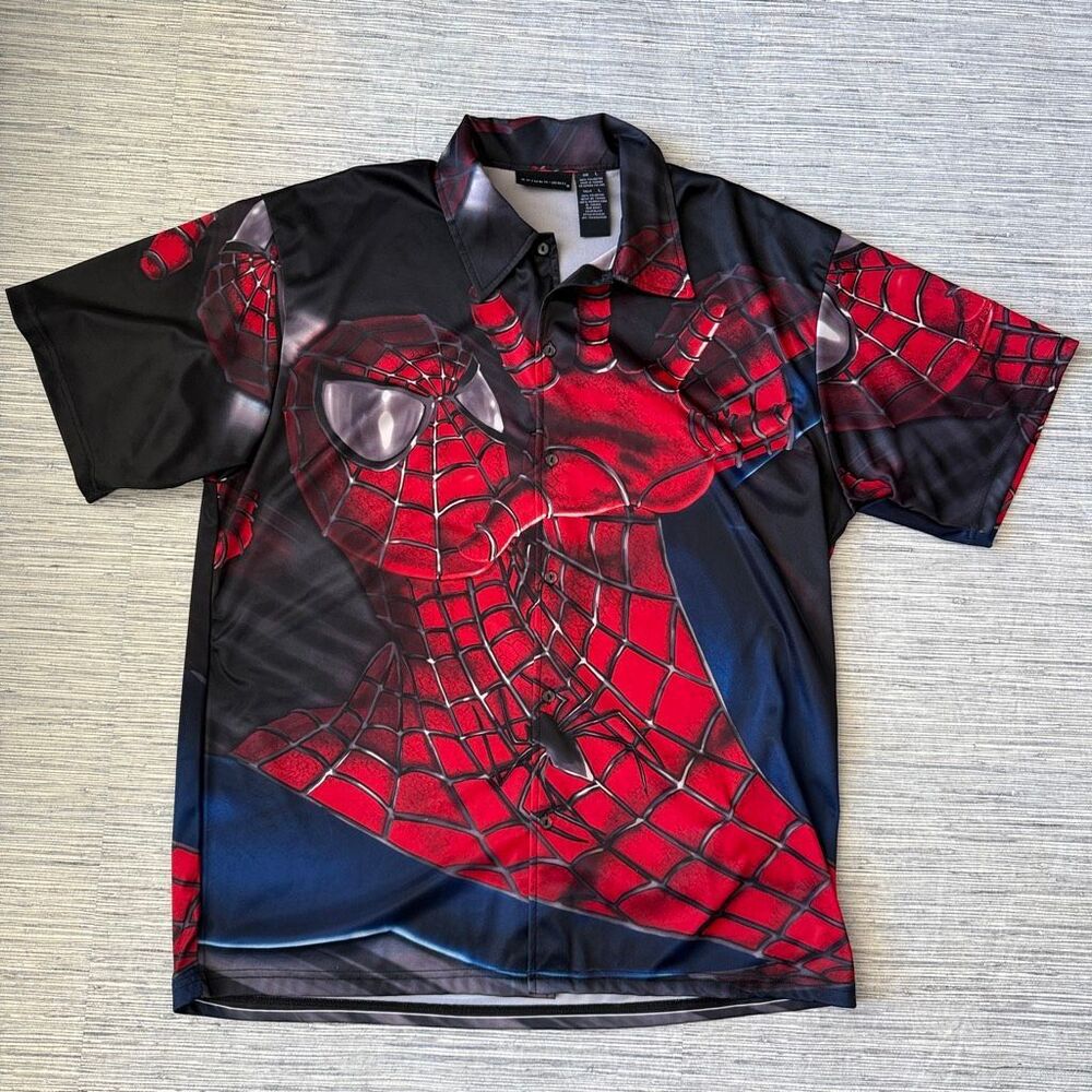 Vintage 2002 Spider-Man Movie Promo All Over Print Button Up Shirt Y2K Marvel La